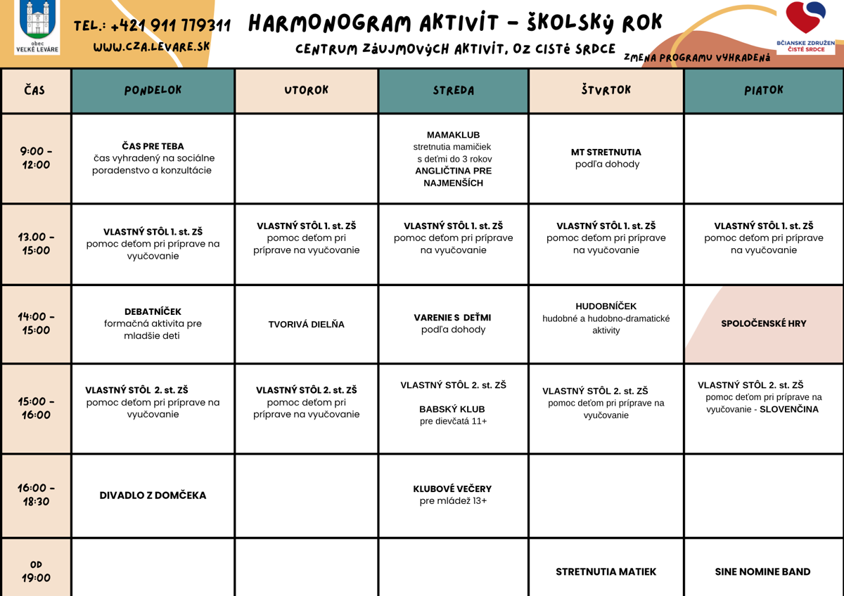 Harmonogram aktivít - školský rok